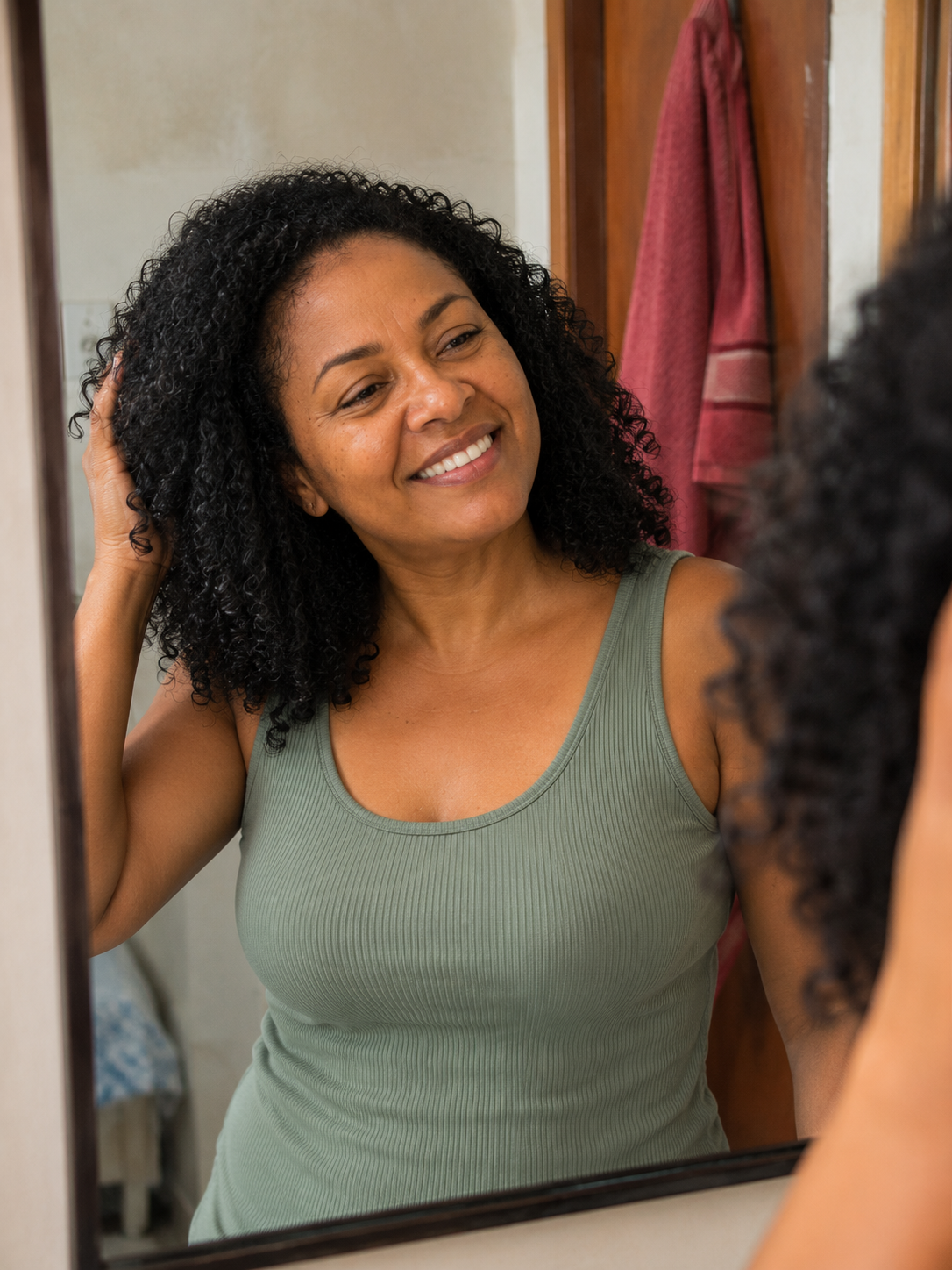 Mulher feliz mexendo no cabelo